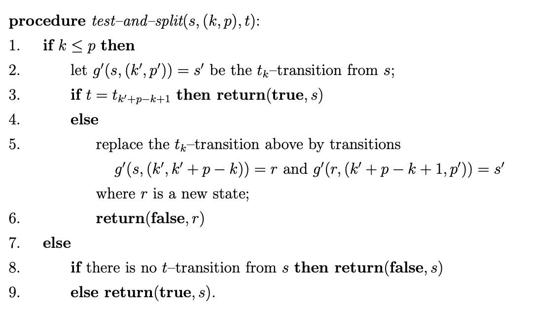 Procedure test_and_split from Ukkonen's paper. It returns true when the next character is already in the tree (the end point), and false after splitting an edge to make room for a new branch.